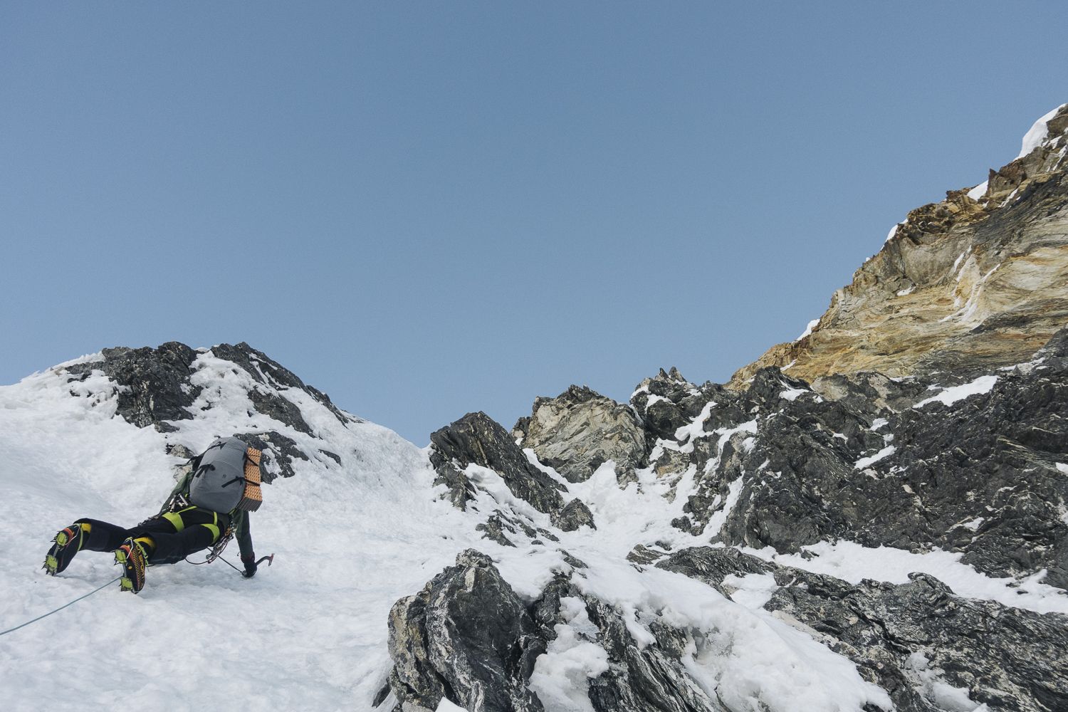 This photo was taken just before the climbers entered a small hidden couloir that led up to the bottleneck of the line. [Photo] Hansjorg Auer