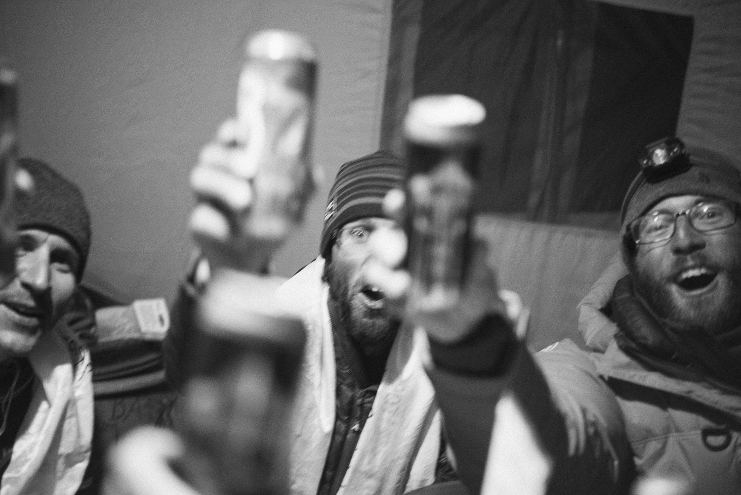 Celebrating the new route back in base camp. [Photo] Elias Holzkenecht
