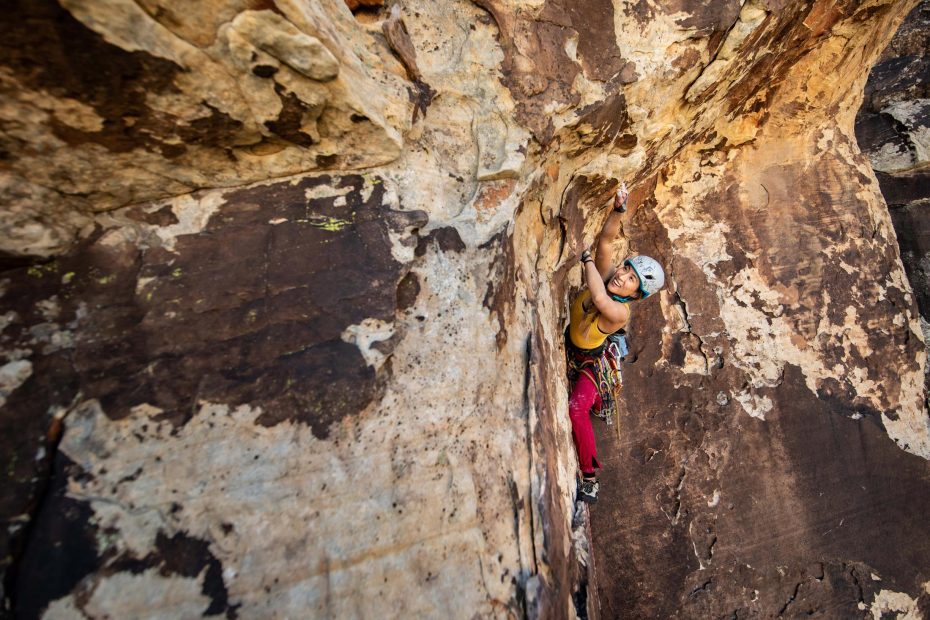 Julie Tsai climbing in the Red Rock National Conservation Area, Nevada