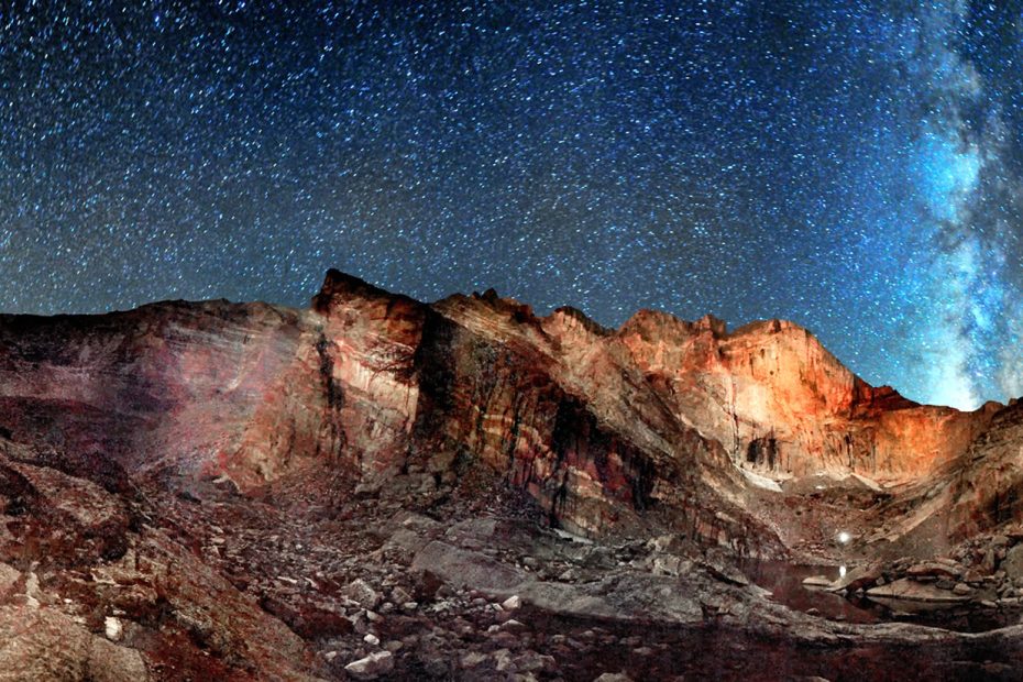 Two climbers at Chasm Lake at the base of Longs Peak. [Photo] Jeff Long