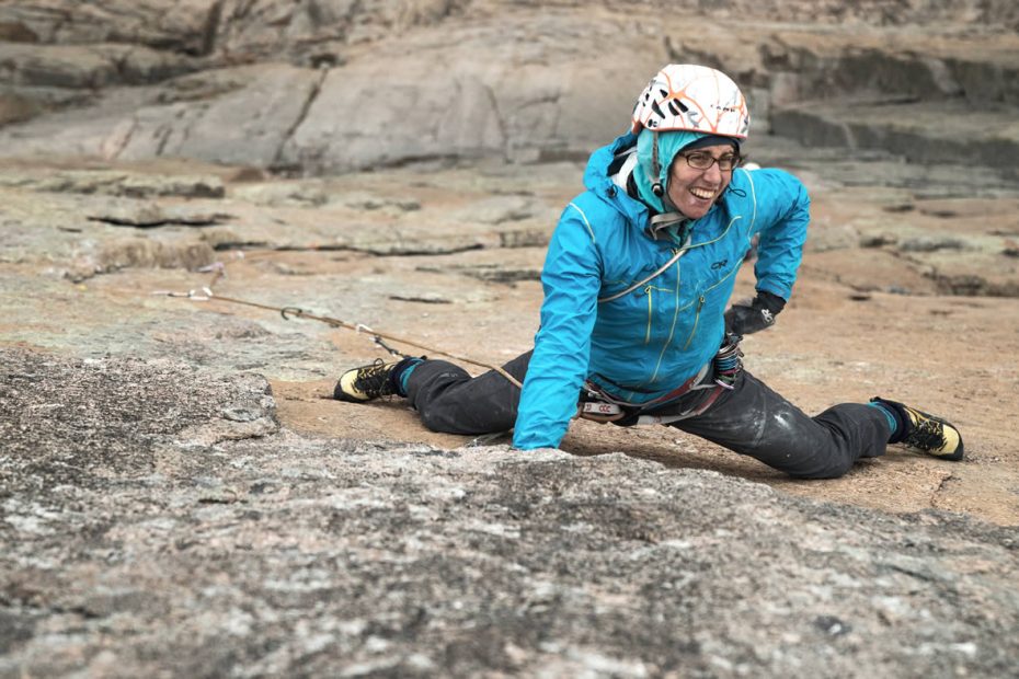 Madaleine Sorkin leads a pitch on her September 7 redpoint of The Honeymoon is over (V 5.13c) on the Diamond of Longs Peak in Rocky Mountain National Park, Colorado. Sorkin became the first woman and fifth person to send the route, which sits entirely above 13,000 feet and is one of the hardest lines in the world at that altitude. [Photo] Henna Taylor