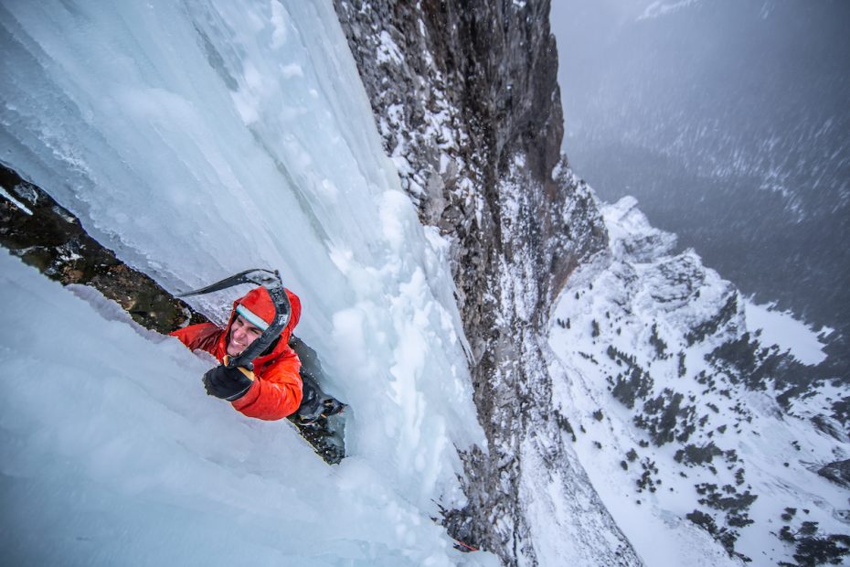 Matt Cornell climbing Nutcracker (WI5+ M9, 5 pitches)--with a rope and partner--in Montana's Hyalite Canyon. [Photo] Nathan Norby