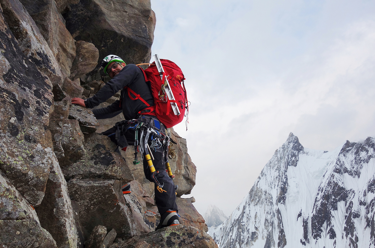 Jimmy Mora on the ridge of the previously unclimbed Mirchi Peak (6270m), which they named after the Urdu word for chili. [Photo] Armando Montero