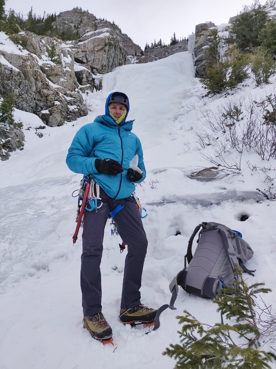 Mike Lewis wears the Phantom Down Parka on a cold day of ice climbing in the Colorado backcountry last winter. [Photo] Yaroslav Lototskyy
