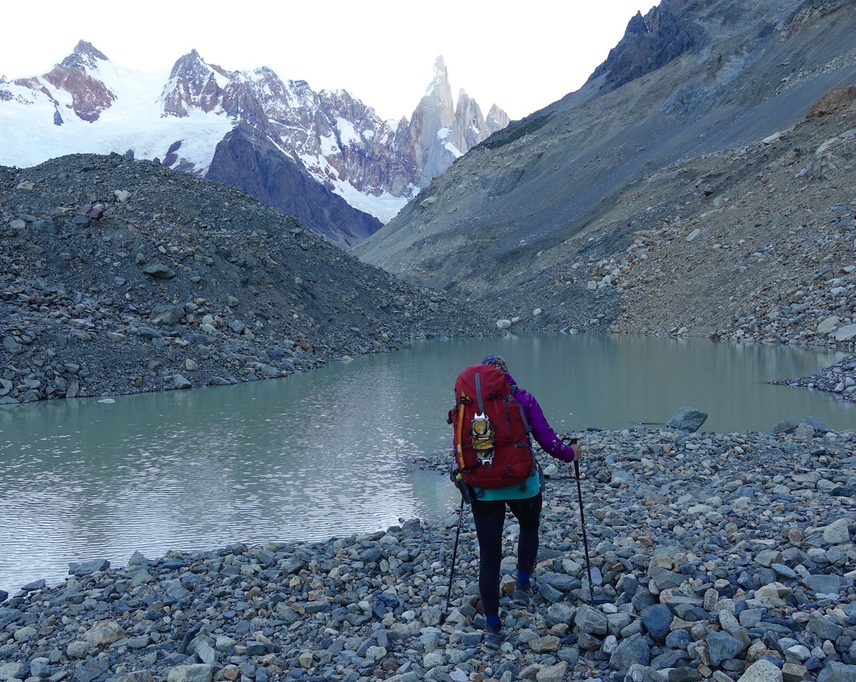 Whitney Clark treks to the Torre Valley in Patagonia with the Mystery Ranch Scepter 50 backpack. [Photo] Rhiannon Klee