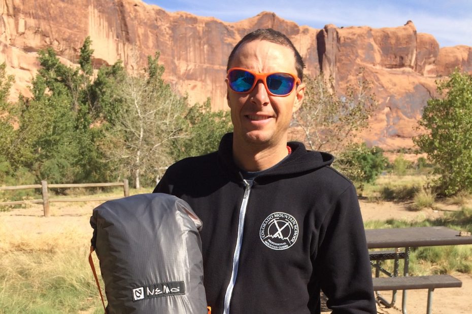 Mike Lewis holds the Nemo Chogori 3-person Mountaineering tent in its compression stuff sack. [Photo] Chris Wood
