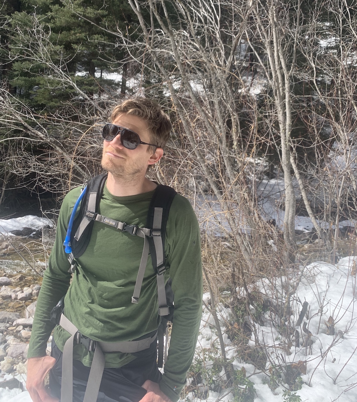The author wearing the Ombraz Classic sunglasses on a hike last spring. [Photo] Mandi Franz