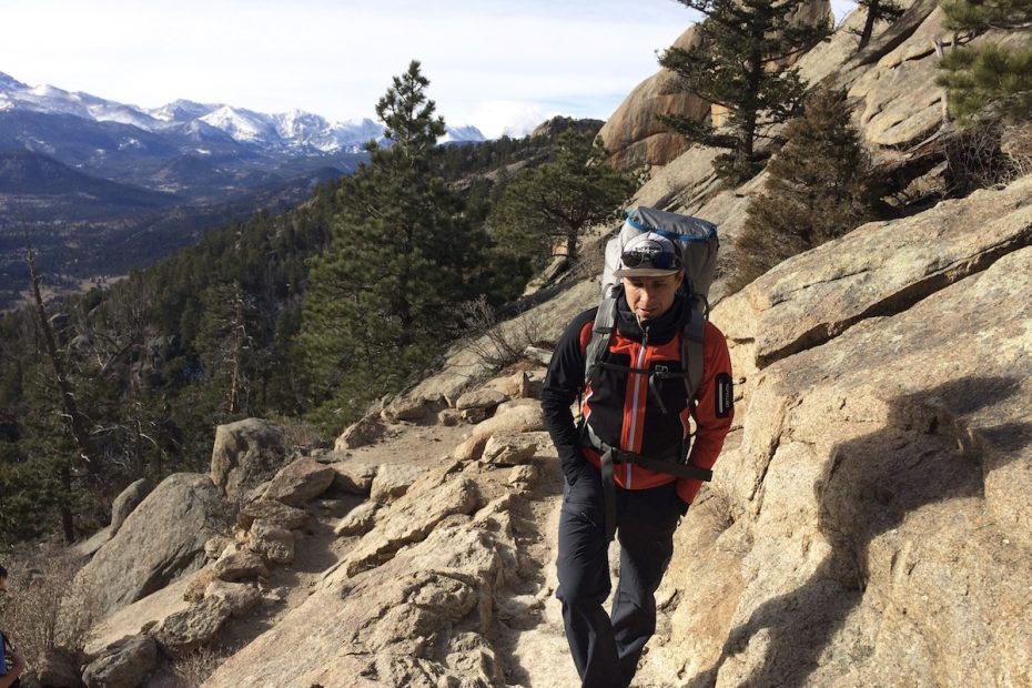 The author wears the Ortovox Col Becchei softshell jacket on the trail in Rocky Mountain National Park, Colorado. [Photo] Chris Wood