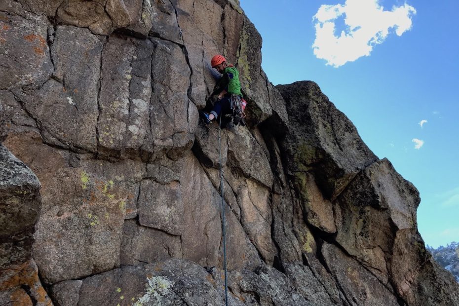 Chris Van Leuven leads FM (5.11c) in Boulder Canyon, Colorado, while wearing the Ortovox Merino Fleece Light Hoody. [Photo] Paul Gagner