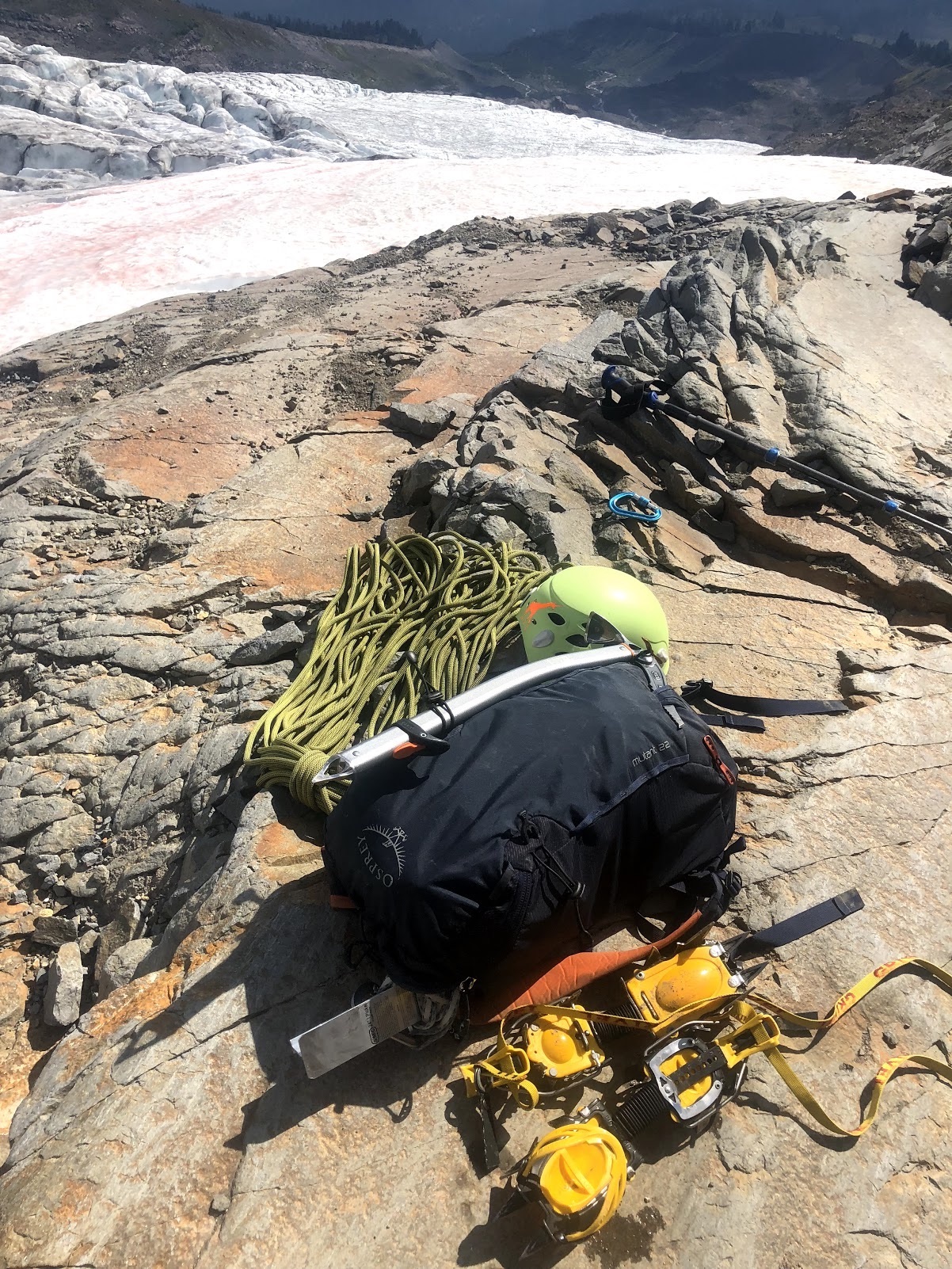 The Osprey Mutant 22-liter accompanied Estenson on a late season trip on the Easton Glacier route on Mt. Baker. It's lack of frills and simple tube design make for easy access to stored gear with minimal fuss. [Photo] Mallorie Estenson collection