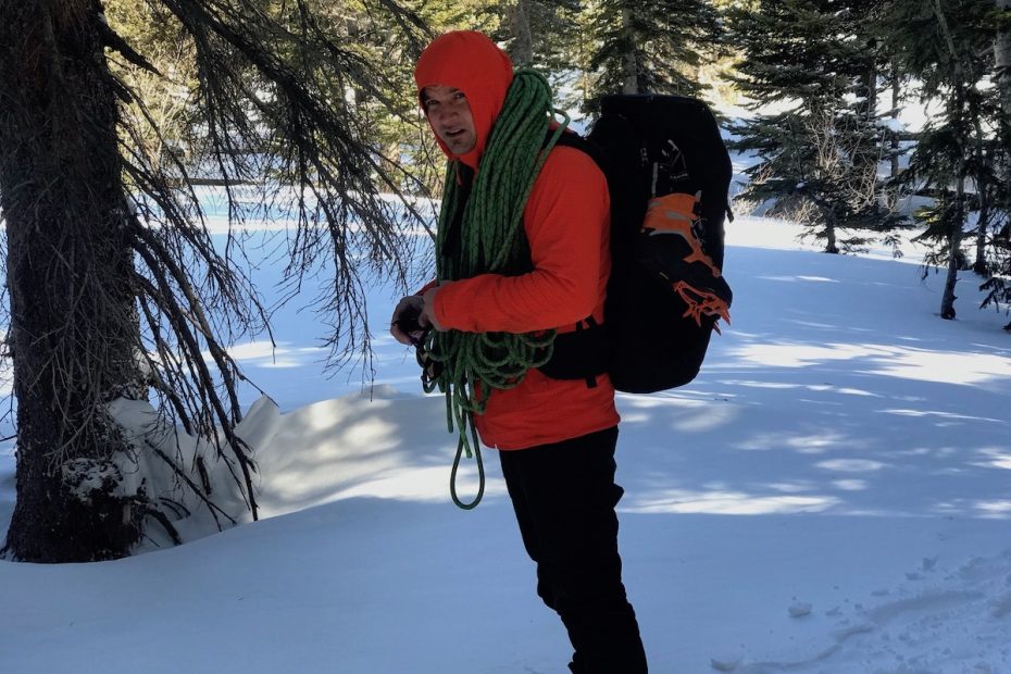 The author hiking into Bear's Den in Rocky Mountain National Park for dry tooling. Note the (fruit) boots fastened to the side clips. [Photo] Colby Rickard