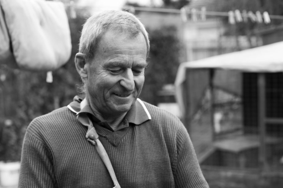 Roland with his rack in 2010, when Ross Taylor interviewed him at his home where he made his famous brass nuts. [Photo] Craig Ingram
