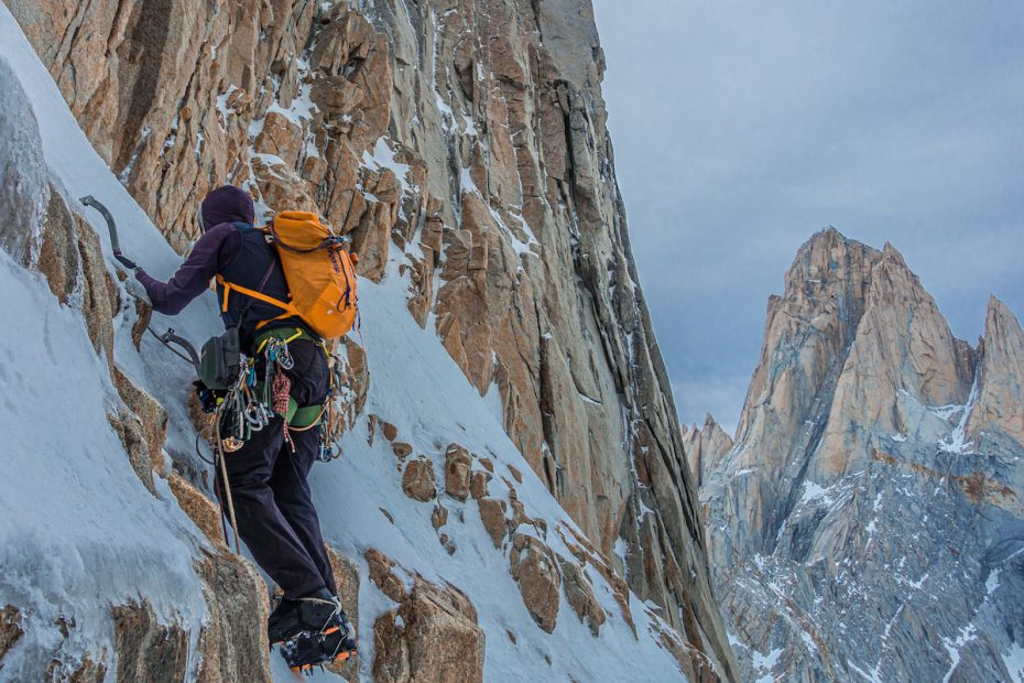 Tad McCrea storms the ice cream factory with the new Petzl Quark ice tools on Super Domo (WI5 M5/6, 500m), Cerro Domo Blanco, Patagonia. [Photo] Jon Griffin