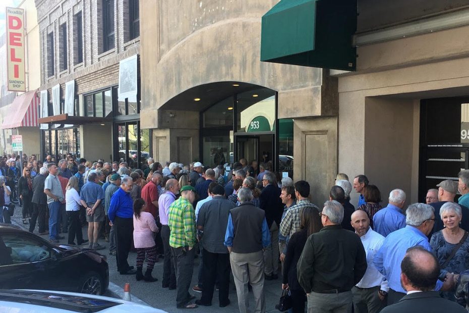 Hundreds gather outside the venue for the Royal Robbins Memorial held on March 12 in Modesto, California. [Photo] Derek Franz