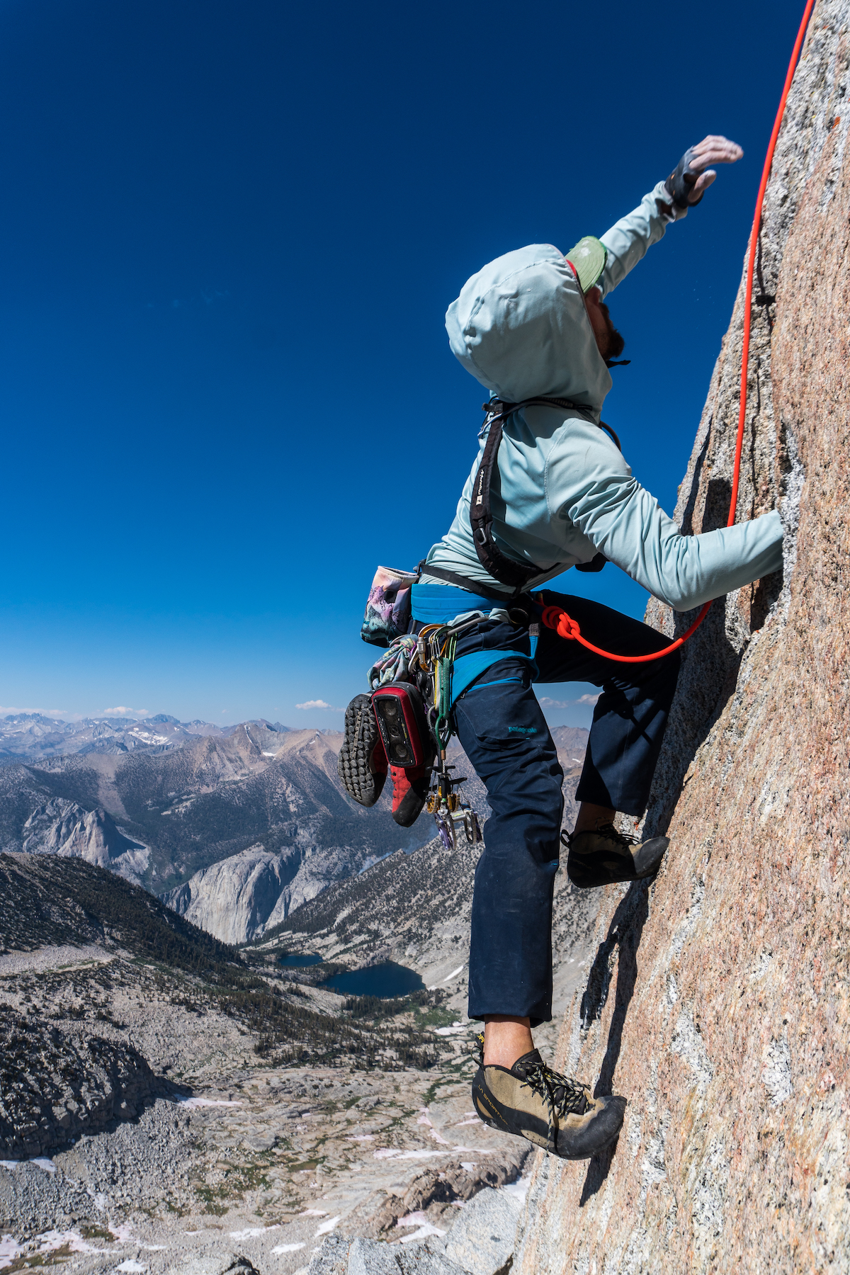 Jon Griffin follows a pitch on a new route he established with the author and Tad McCrea. They called the line Jah Chosstafari on the north face of North Guard in Kings Canyon. [Photo] Tad McCrea
