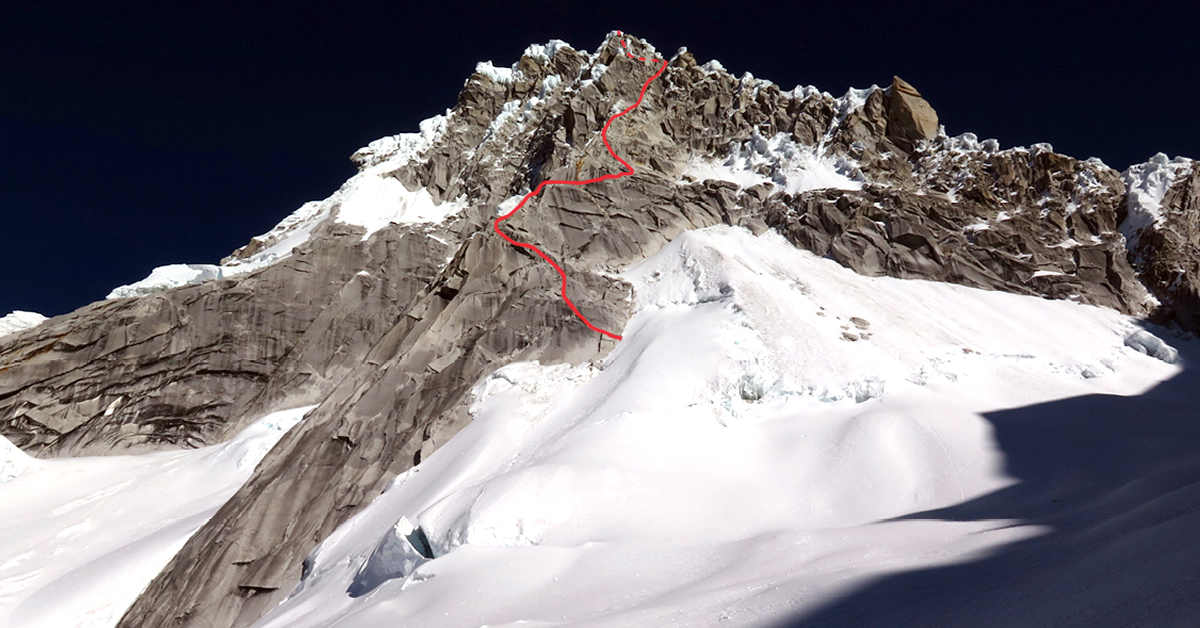 The foreshortened line of the East Face Rock Rib (5.10b M5 AI5), Taulliraju, as seen on the first ascensionists' approach. [Photo] Steve Skelton