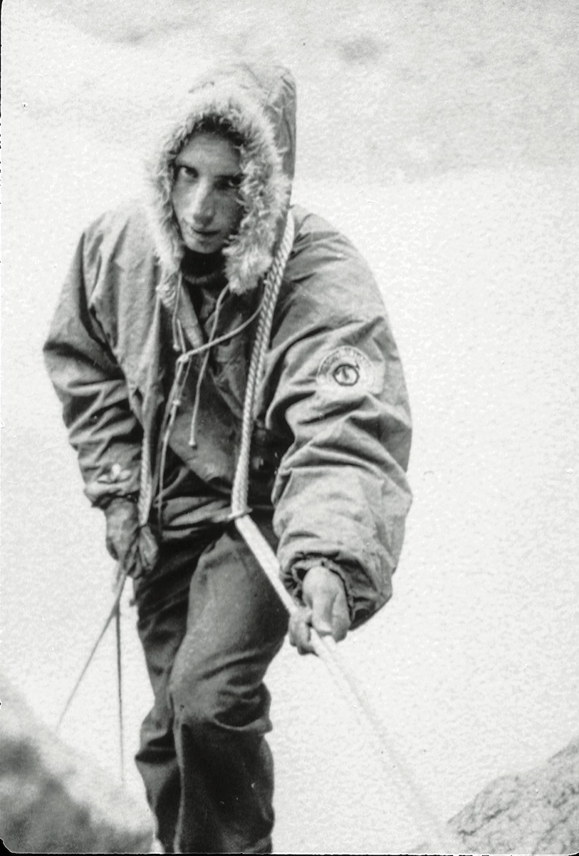 Hornbein rappelling on the lower East Face of Longs Peak (Neniisoteyou'u, 14,259'), Rocky Mountain National Park, ca. 1950. [Photo] Hornbein collection
