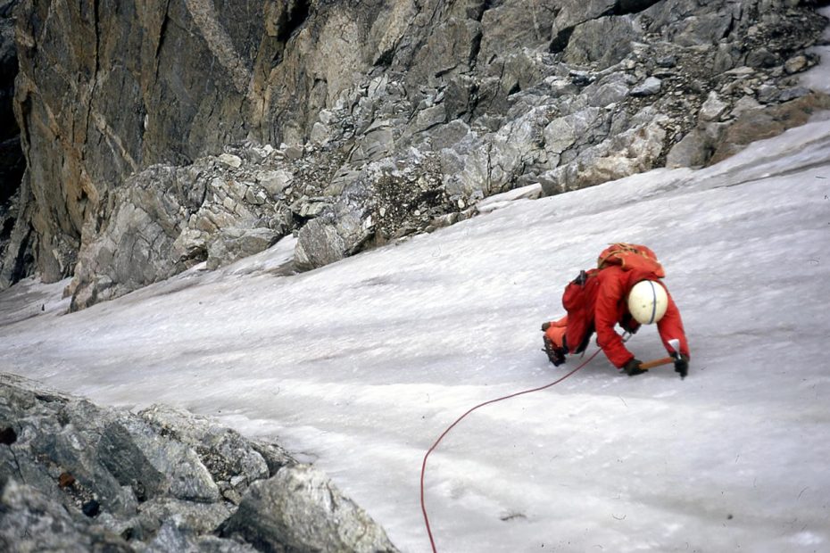 Bill Lindberg on Tower I Gully (IV AI 3+, 1,000'), Mt. Helen (13,620'). [Photo] Raymond G. Jacquot