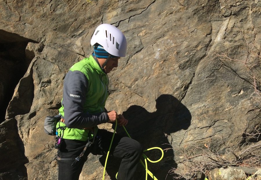 Mike Lewis stacks the Trango Agility on a rope tarp in Clear Creek Canyon, Colorado; the red rope ends are clearly distinguished from the rest of the rope. [Photo] Mike Lewis