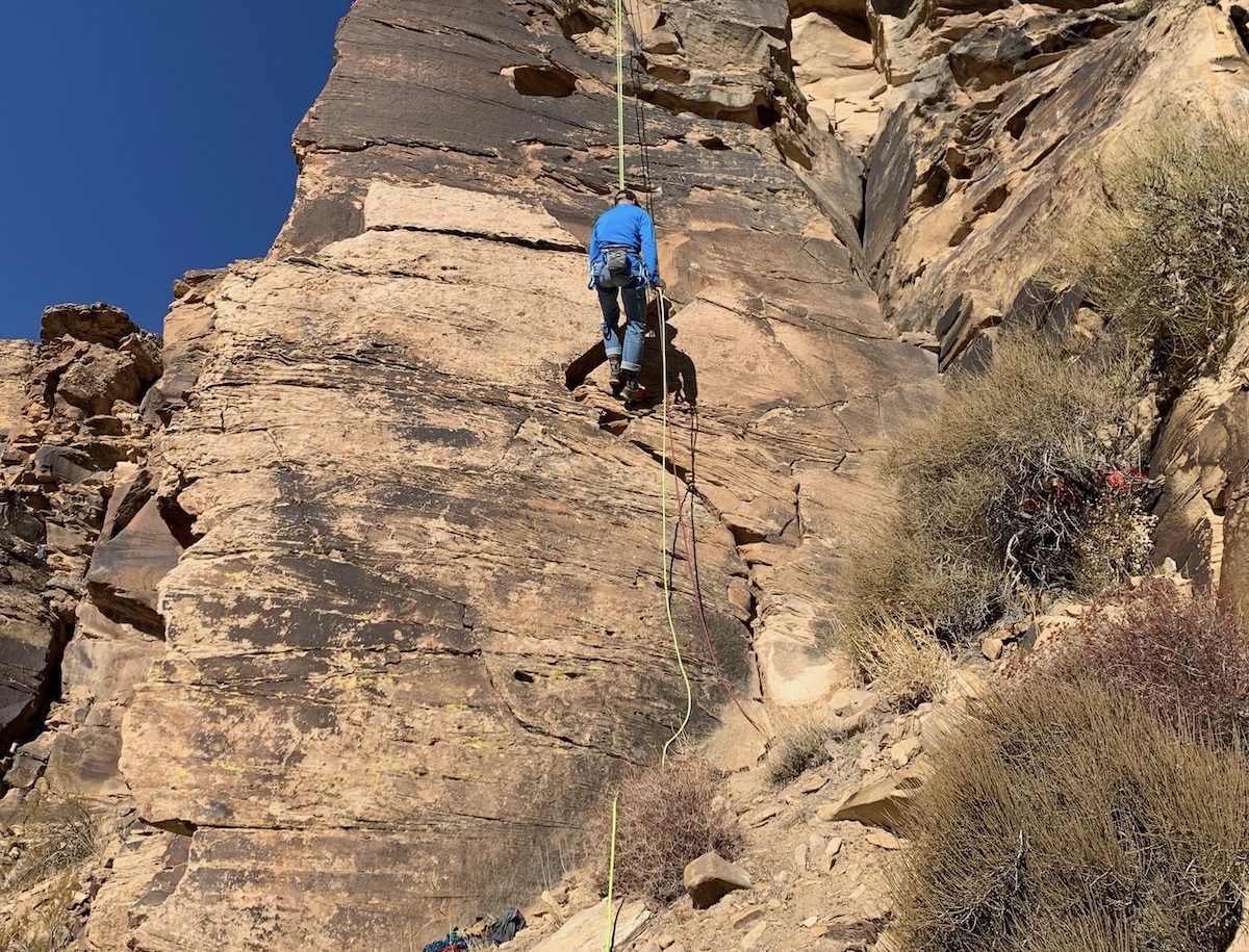 The Red Flag lets the author know that he is getting close to the end of the rope as he rappels to the ground. [Photo] Catherine Houston