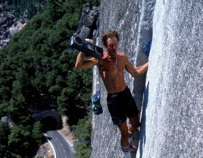 Photographer Bob Gaines: Werner [Braun] clowning around, ca. 1983. Scott Cosgrove was there too. Just a great day of fun-in-the-sun free soloing. [Photo] Bob Gaines