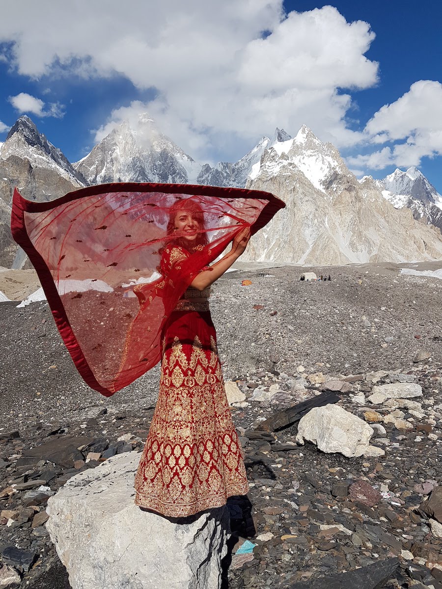 Naila Kiana in her wedding dress at K2 base camp in 2018.