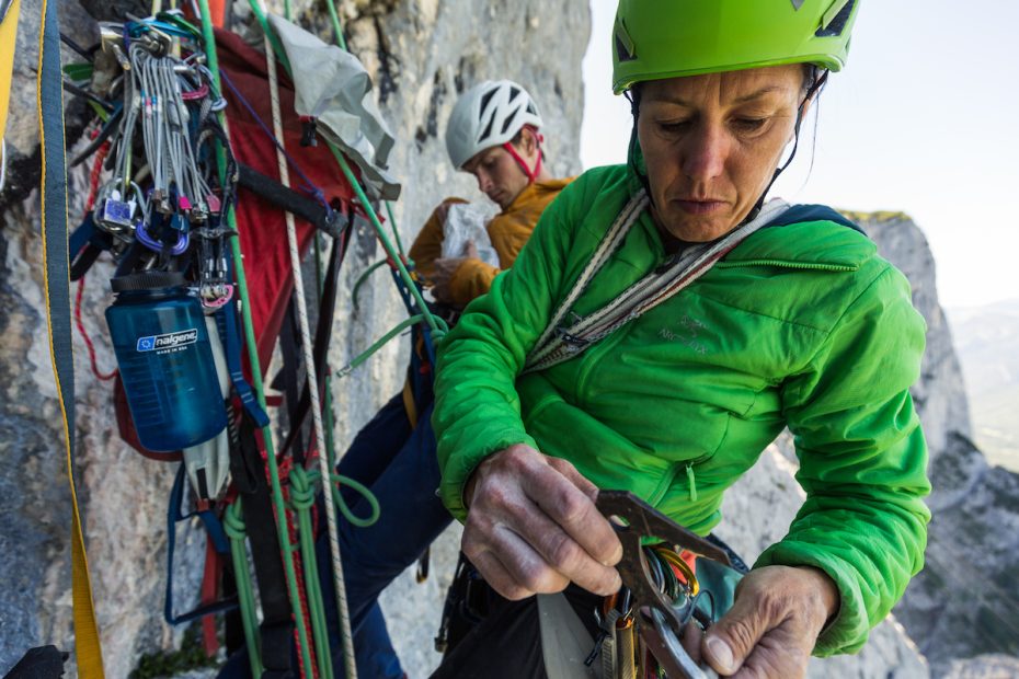 Newlyweds Luka Lindic and Ines Papert on their new route Wolke 7 (aka Cloud 9: 5.13b, 380m), on the Hinteres Feuerhorndl, Reiteralm, Austria. [Photo] Klaus Fengler