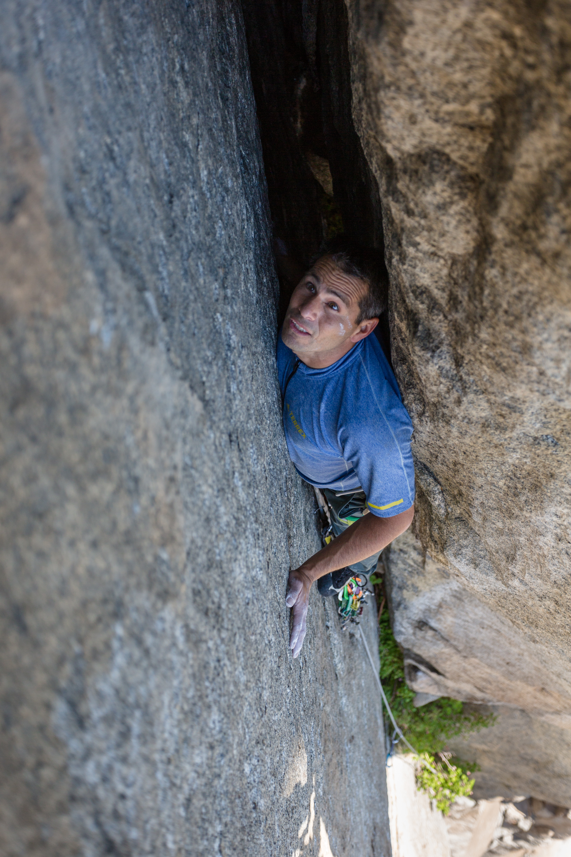 Garcia leads a runout 5.10 flare on Pitch 9 of the Misty Wall during a reconnaissance mission. Garcia led two pitches on the May 27 free ascent with DiGiulian and Cardwell, and is credited for doing much of the cleaning and route-finding on the Legacy Restoration Project routes. He also helped some of the other climbers learn the skills for big wall climbing. [Photo] John Evans