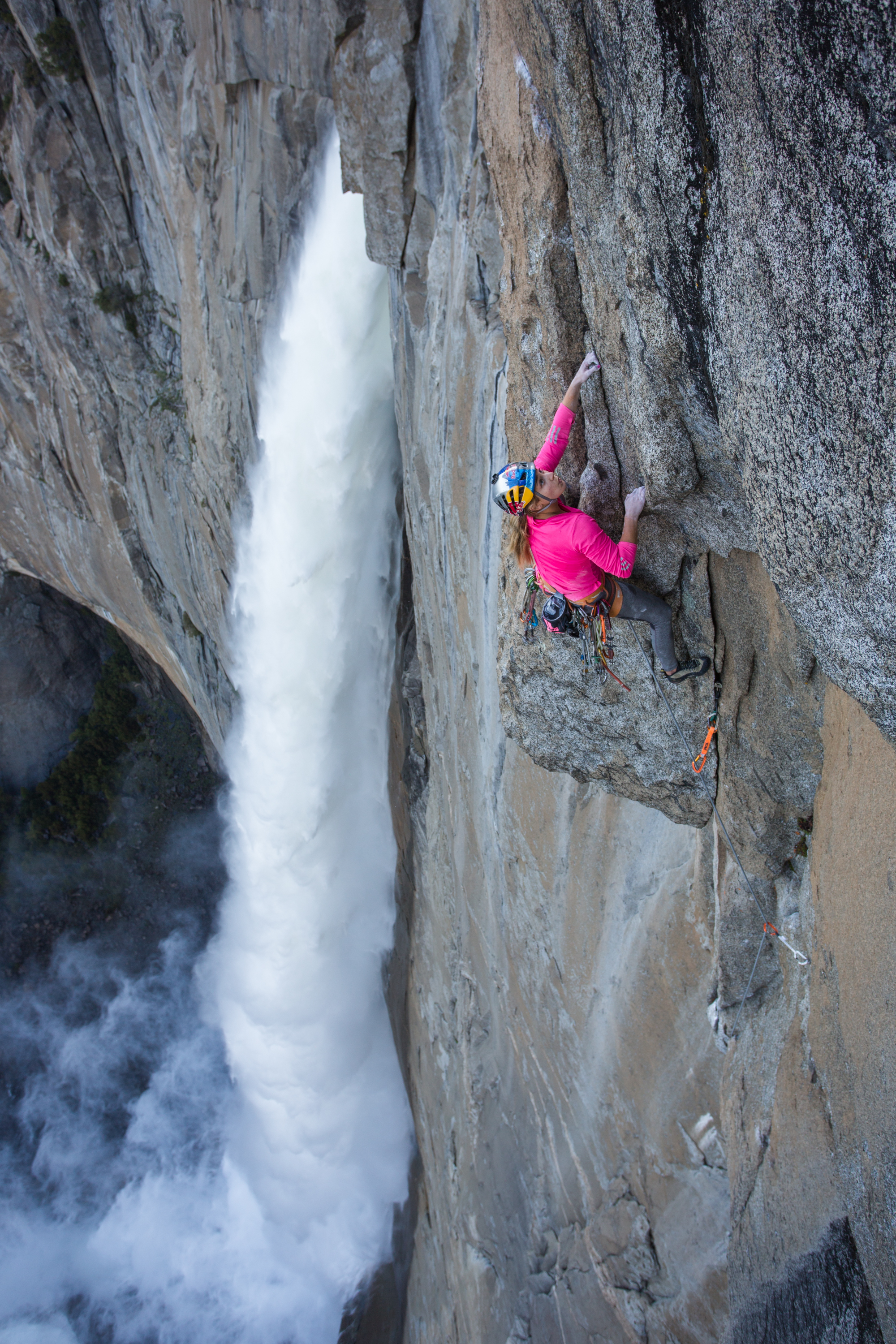 DiGiulian leads the 5.12 headwall after turning the lip of the crux roof on the Misty Wall. [Photo] John Evans