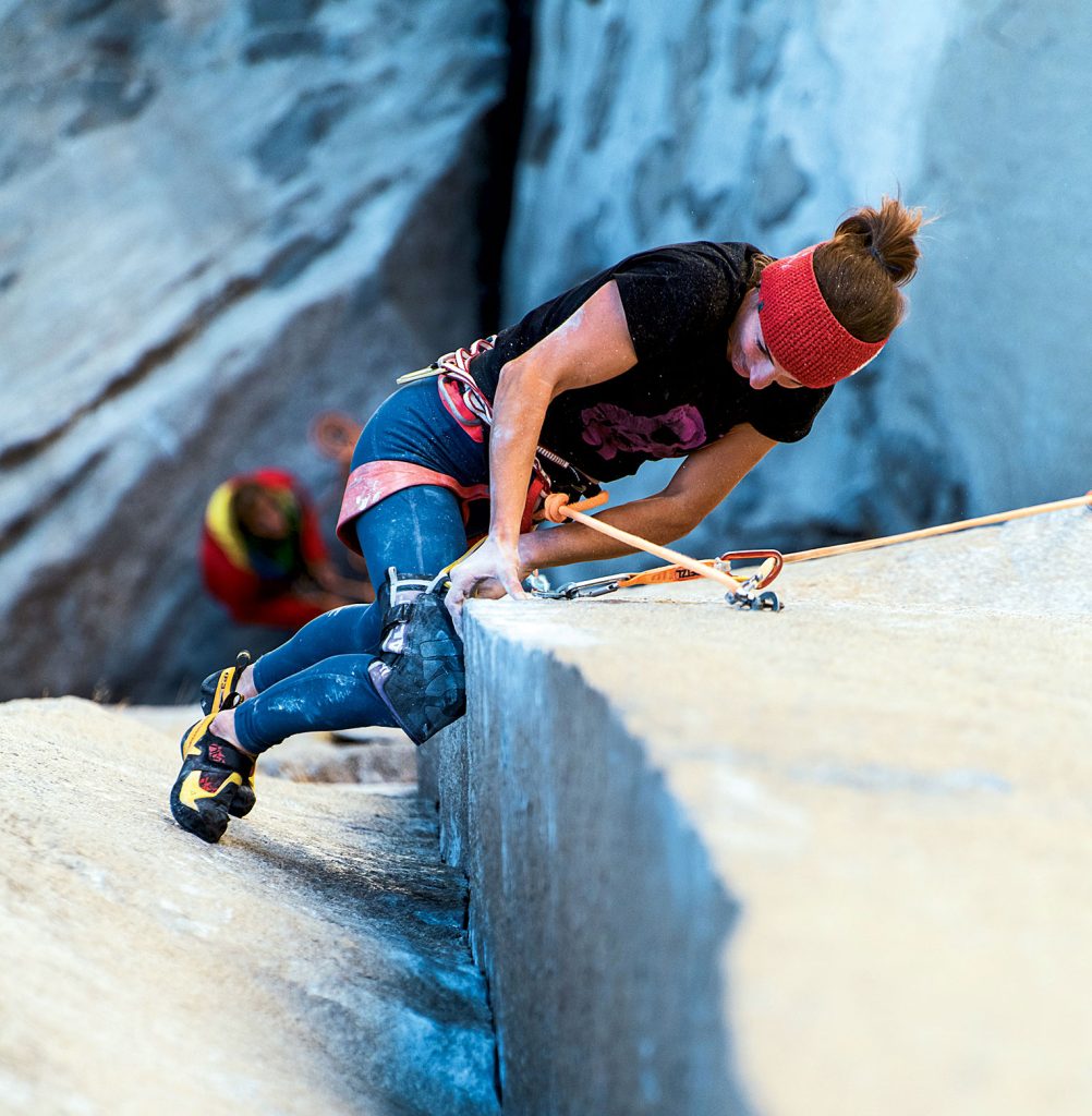 Babsi Zangerl works the moves of the Changing Corners pitch on the Nose, El Capitan. [Photo] Alex Eggermont
